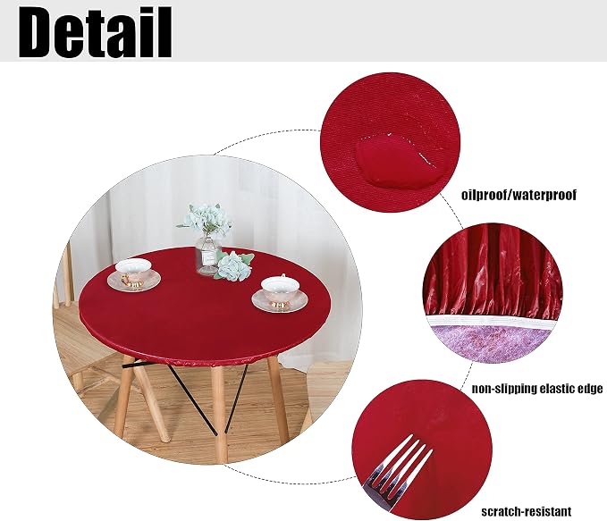 LUSHVIDA Round Waterproof Table Cover Elastic Vinyl Fitted Tablecloth Elastic Edged Plastic Table Cloth (Red, Best for Up to 57"-68" Round)