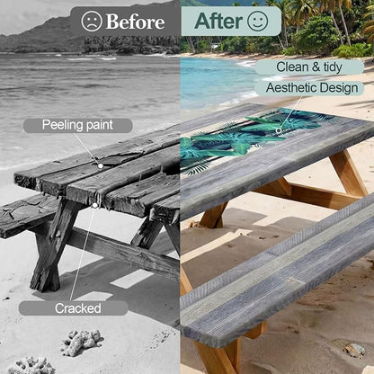 Picnic Table Cover Bench Covers Camping Essentials Tablecloth | Waterproof Vinyl for Outdoor, Windproof Elastic Fitted Edges, RV BBQ Accessories Must Haves, Storage Bag Included