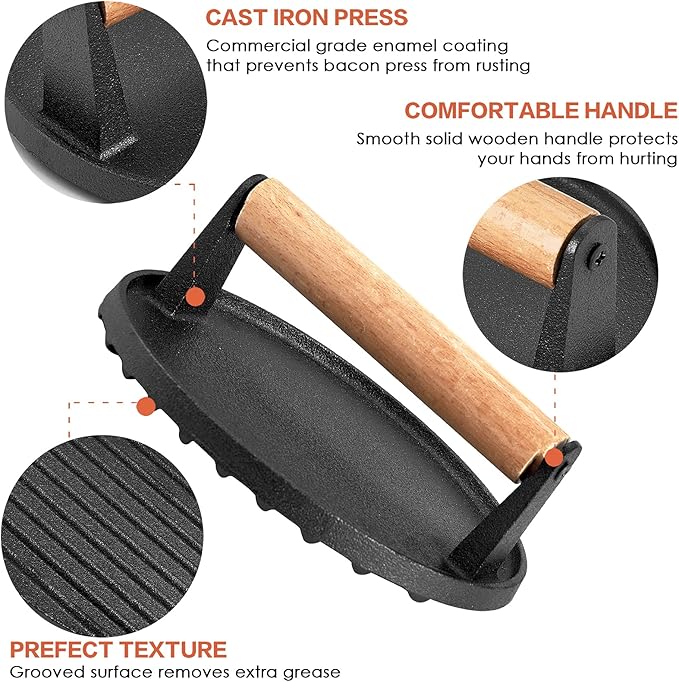 HaSteeL Single Cast Iron Grill Press, Heavy Duty 7In Bacon Burger Press with Wooden Handle, Pre-Seasoned Steak Press Great for Flat Top Griddle Teppanyaki BBQ Grilling Cooking Indoor & Outdoor