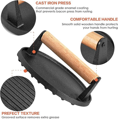 HaSteeL Single Cast Iron Grill Press, Heavy Duty 7In Bacon Burger Press with Wooden Handle, Pre-Seasoned Steak Press Great for Flat Top Griddle Teppanyaki BBQ Grilling Cooking Indoor & Outdoor
