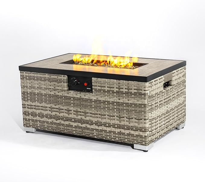 32in Gas Fire Pit Table Set, 50,000 BTU Propane Fire Pit Table Outdoor with Rain Cover, Hideaway Tank Holder Fits 20lb Tank, Gas Fire Pit for Outside w/Ceramic Tabletop and lid, Glass Rocks.