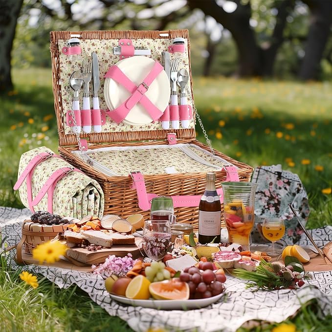 Wicker Picnic Basket Set for 4, Blanket, Cooler Bag, Pink Floral | Four-Person Wicker Set Includes Tableware, Insulated Food Storage and Waterproof Blanket for Parks, Camping, Dates and Gifts