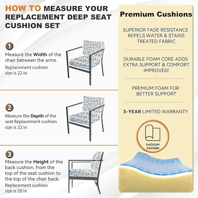 Deep Seat Patio Cushions Set 22 x 22 Inch,Olefin Fabric Outdoor Seat Cushion,Patio Furniture Cushions with Removable Cover,Rain-Proof and Fade Resistant Deep Seat Bottom & Back Cushion,1set