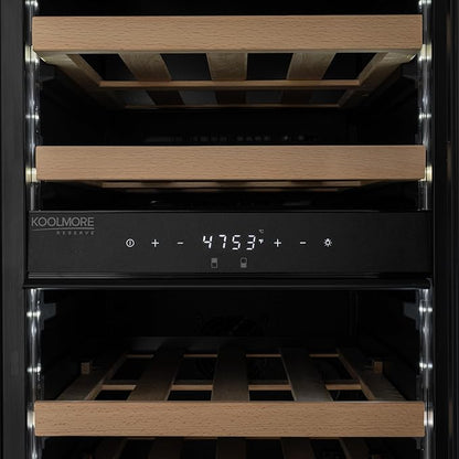 KoolMore Reserve 15 in. Under-Counter Panel Ready Dual Zone Built-in Wine Cooler with 23 Bottle Capacity and Wooden Shelves in Black, ETL Listed (KM-CW28DZ-WPR)