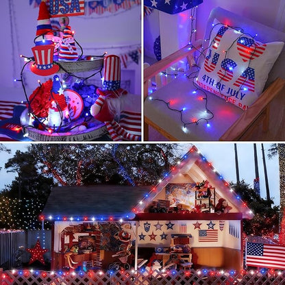 QITONG Red White and Blue Solar String Lights, 2 Pack Each 66ft 200 LED 4th of July Lights Outdoor Waterproof, 8 Modes Green Wire Patriotic Led Lights for Independence Memorial Day Decor