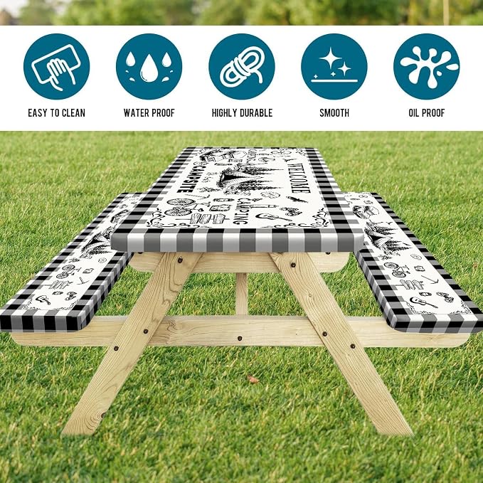 Picnic Table Cover with Bench Covers Elastic Edges, Black & White Gingham Camping Table Cover, Waterproof Windproof Fitted, for Outdoor Camping Patio Backyard BBQ Party, Drawstring Bag, 60 Inch 3PCS