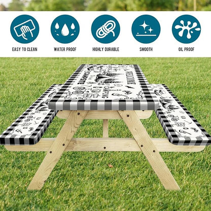 Picnic Table Cover with Bench Covers Elastic Edges, Black & White Gingham Camping Table Cover, Waterproof Windproof Fitted, for Outdoor Camping Patio Backyard BBQ Party, Drawstring Bag, 96 Inch 3PCS