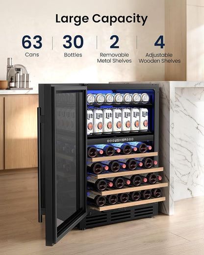 24 Inch Dual Zone Wine Fridge and Beverage Refrigerator, 63 Cans & 30 Bottles, Built-in Freestanding Under Counter Wine Cooler, UV Glass Door, Quiet Cooling, Lock, for Home Bar Office, Black