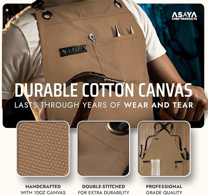 Asaya Chef and BBQ Apron with Bottle Opener and Hand Towel - 10oz Cotton Canvas, Stainless Steel Hardware - Cross Back Straps