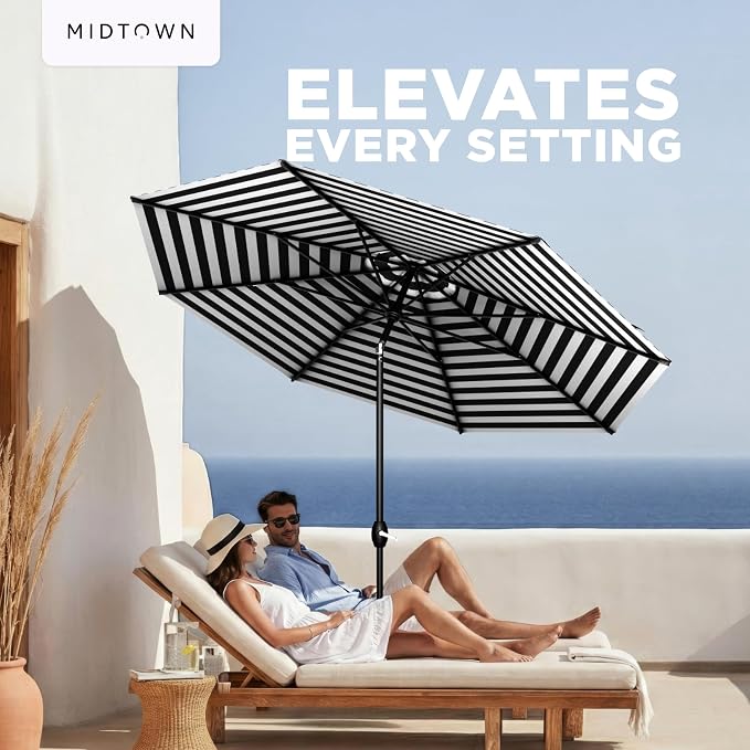 Midtown Umbrellas – The Lean 10 Ft Patio Umbrella with 10-Year-No-Fade Acrylast Acrylic Fabric, Auto-Tilt and 8 Reinforced Ribs for Deck, Pool, Garden, Hotel & Cafes – Urban Stripes Canopy, Black Pole