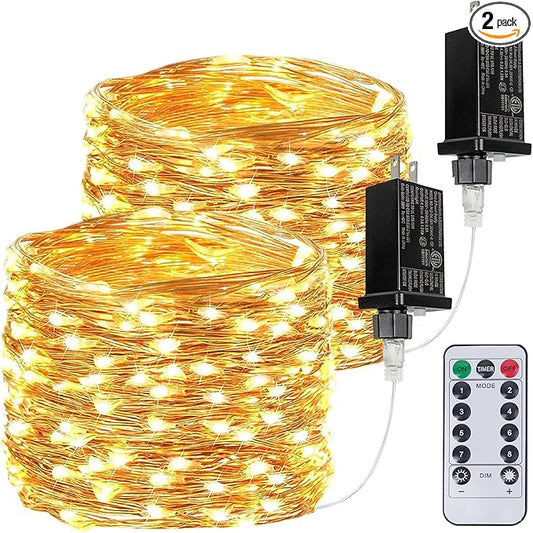 2 Pack 66FT 200 LED Fairy Lights with Remote, Plug in Twinkle Lights | 8 Modes, Timer, Dimmable, Memory Function, Waterproof Warm White String Lights for Bedroom Garden Party Christmas Decor