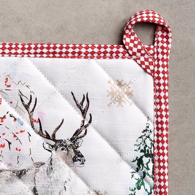 Maison d' Hermine Pot Holders 100% Cotton Potholders (8" x 8", Pack of 2) | Heat Resistant Hot Pads with Loop BBQ Cooking Baking Hotel Kitchen Handling Hot Pans Thanksgiving Christmas - Rural Christmas