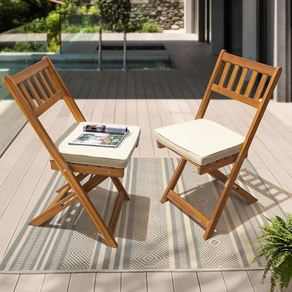IDZO Serene Bistro Set – 2-Piece Foldable Acacia Wood Chairs with Cushions, FSC-Certified Durable Construction, Space-Saving Outdoor Seating for Balcony, Garden, Patio, or Porch