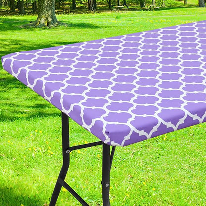 Smiry Picnic Fitted Table Cover, 4 Foot Flannel Backed Vinyl Tablecloth | Waterproof Elastic Stretch Table Cloth, Wipeable Plastic Tablecloth for Camping, Indoor & Outdoor (Lavender, 30" x 48")