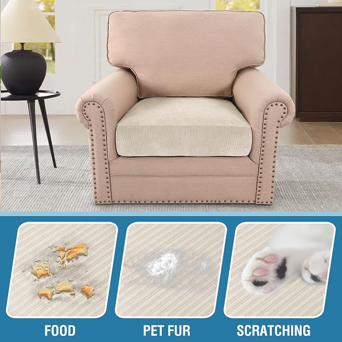 H.VERSAILTEX Velvet Stretch Couch Cushion Cover Plush Cushion Slipcover for Chair Cushion Furniture Protector Seat Cushion Sofa Cover (1 Piece Armchair Cushion Covers, Ivory Striped)
