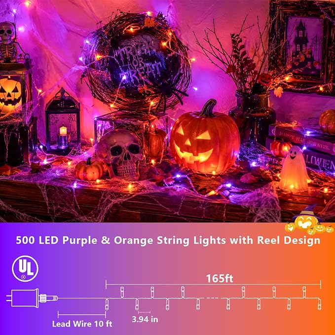 YEGUO 165ft 500 LED Halloween Lights Outdoor Waterproof, Clear Wire Christmas String Lights Indoor, 8 Modes Twinkle Tree Lights Plug in with Timer Memory.(Orange and Purple)