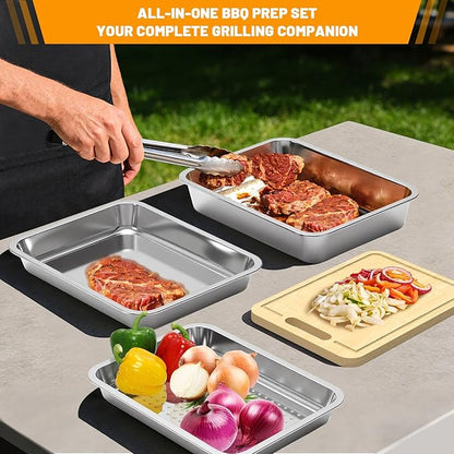 Grilling Prep and Serve Trays with Mesh Tray, Stainless Steel Grilling Prep and Serve Tray, Marinade Container with Lid, Mesh Tray, Cutting Board, BBQ Grill Accessories, Grilling Gifts for Mens