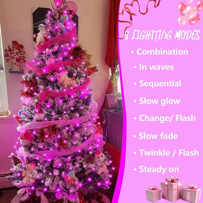 YEGUO Pink String Lights Indoor, 165ft 500 LED Christmas Lights Outdoor Waterproof, 8 Modes Clear Wire Fairy Light Plug in for Party Tree Wedding Xmas
