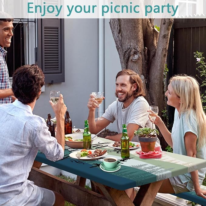 Picnic Table Cover with Bench Covers, Rectangle Tables, Waterproof Elastic Fitted Tablecloths for 6 Foot, Washable Tablecloth for Camping, Outdoor (Green, 30"x60")
