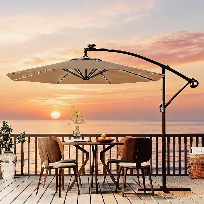 Garvee 10FT Solar Lights Offset Patio Umbrella with Cross Base, Tan | Cantilever Umbrella with Easy Lift & Tilt Adjustment, 8 Ribs Sun umbrella UV Protection for Backyard, Pool, Garden