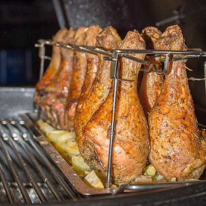 RTT Chicken Leg Rack for Grill with Drip Tray - Easy to Use 12 Slots Chicken Wing Rack - Premium Stainless Steel Chicken Drumstick Rack for Smoker - Chicken Drumstick Holder for Grill Accessories