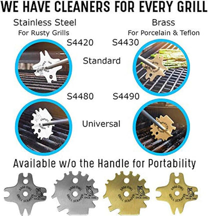 Sage Owl Stainless Steel BBQ Grill Scraper, Bristle-Free, 3-in-1, Silver, 17.5” Handle – Safe Grill Cleaner for Outdoor Grills, Includes Round and V-Shaped Grooves – Grilling Accessories for Men