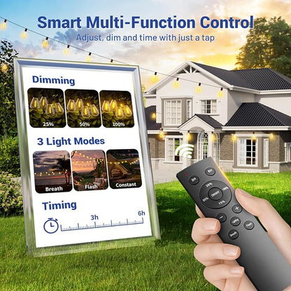 99FT LED Outdoor String Lights with Remote Control, 35+1 Bulbs Dimmable Patio Lights, 3 Lighting Modes & 3/6H Timer, 2700K Warm White, Weatherproof Hanging Lights for Backyard Garden