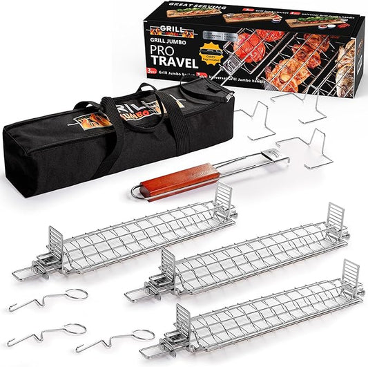 Grill Basket Set (3 Pack) – Adjustable Stainless Steel Grilling Baskets with Rotating Handle – Fish, Vegetable & Meat Grill Basket for Charcoal & Gas BBQ – Gift for Men & Dad