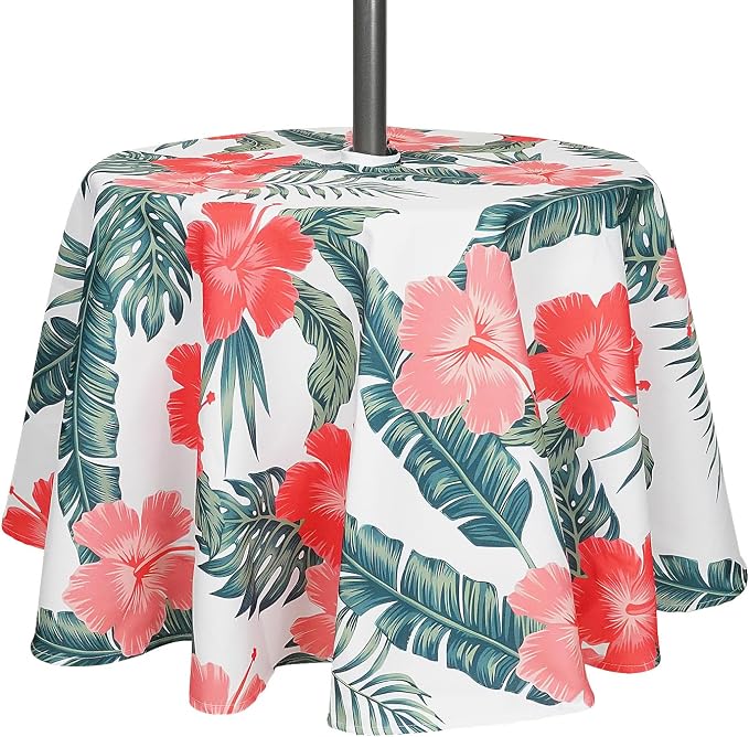 SquarePie Round Outdoor Talecloth with Umbrella Hole and Zipper 60 Inch, Water Resistant SpillProof Patio Table Cloth Cover for Spring Summer Camping Garden Poolside Picnic BBQS,Palm Leaf Red Flower