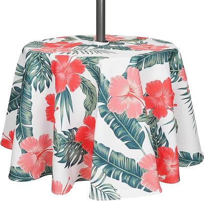 SquarePie Round Outdoor Talecloth with Umbrella Hole and Zipper 60 Inch, Water Resistant SpillProof Patio Table Cloth Cover for Spring Summer Camping Garden Poolside Picnic BBQS,Palm Leaf Red Flower