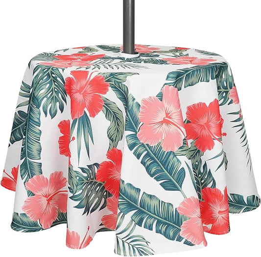 SquarePie Round Outdoor Talecloth with Umbrella Hole and Zipper 60 Inch, Water Resistant SpillProof Patio Table Cloth Cover for Spring Summer Camping Garden Poolside Picnic BBQS,Palm Leaf Red Flower