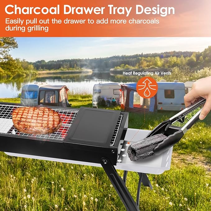 Foldable Charcoal BBQ Grill,Shelf Stainless Steel Grill Net Easy Setup Portable Tabletop Barbecue Grill for Camping Picnic Outdoor Party Backyard,Standard