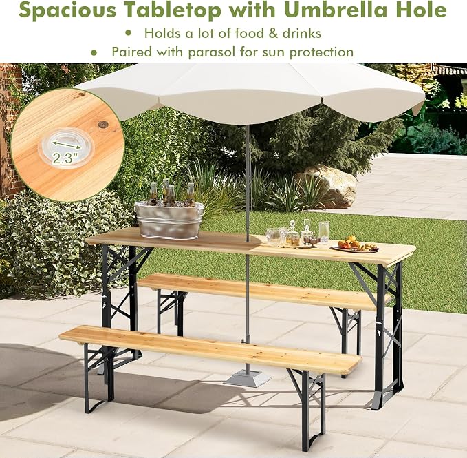 5.5FT Folding Picnic Beer Table, Outdoor Camping Table with Umbrella Hole & 2 Adjustable Heights, Heavy Duty Metal Frame & Solid Wood Top, Portable Picnic Table for Patio, Garden, Backyard