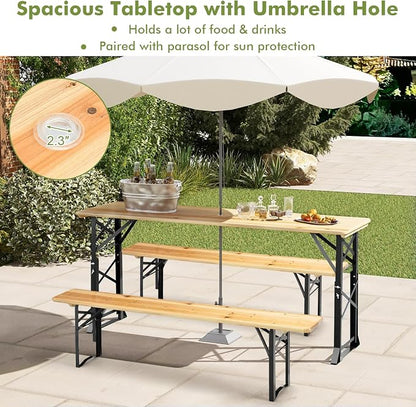 5.5FT Folding Picnic Beer Table, Outdoor Camping Table with Umbrella Hole & 2 Adjustable Heights, Heavy Duty Metal Frame & Solid Wood Top, Portable Picnic Table for Patio, Garden, Backyard