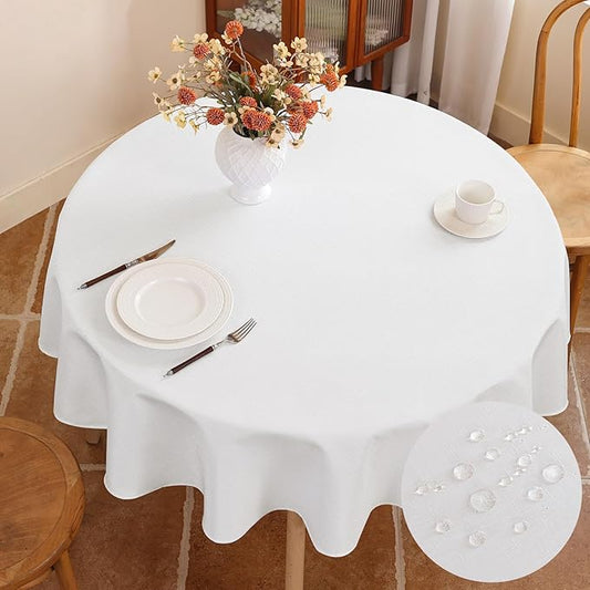 Seenus 60 Inch White Round Tablecloth Fits 30'' to 48'' Dining Table, Water Resistant & Wipeable Textured Table Cloth for 2-4 Seats Kitchen or Patio Circle Table