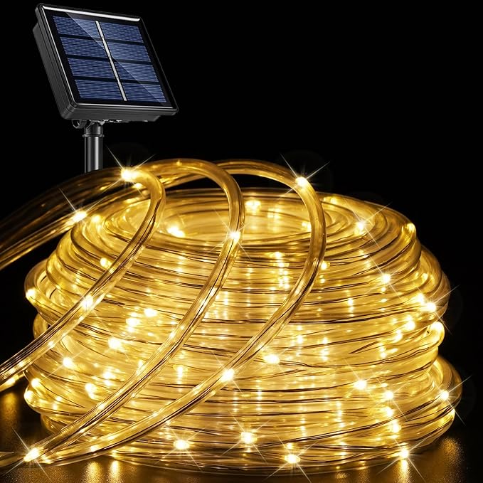 YEGUO Solar Rope Lights Outdoor Waterproof, 66ft 200 LED Warm White String Lights, 8 Modes Fairy Lights in Clear Thin Tube
