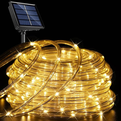YEGUO Solar Rope Lights Outdoor Waterproof, 66ft 200 LED Warm White String Lights, 8 Modes Fairy Lights in Clear Thin Tube