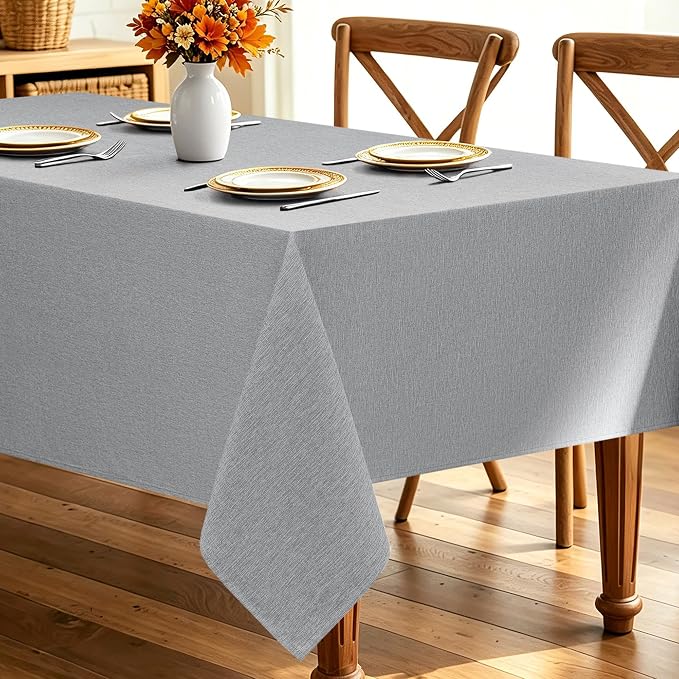 Decorelia Faux Linen Farmhouse Table Cloth 60"x84" for 4-6 ft Rectangle Table, Cool Grey Waterproof Outdoor Washable Cloth Tablecloth for Rectangular Dining Room Kitchen Outdoor Party Restaurant Table