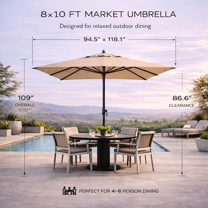 Treasure Garden 8 x 10 ft Patio Umbrella - Rectangular Market Umbrella – Auto Tilt – Black Aluminum Frame (Obravia2, Boulder)