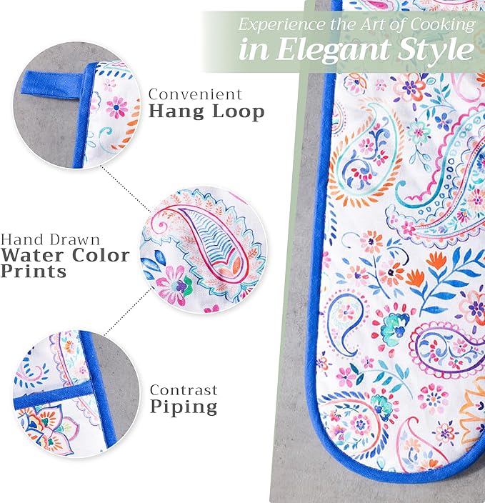 Maison d' Hermine Double Oven Mitts 100% Cotton 7"x35" Double Oven Mitt Heat Resistant BBQ Cooking Gloves with Loop Baking Grilling Kitchen Hotel Home Farmhouse Spring Summer (Indian Floral)