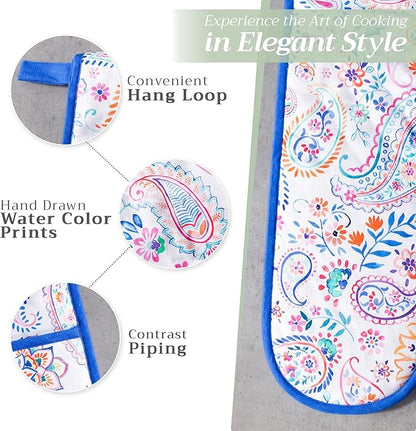 Maison d' Hermine Double Oven Mitts 100% Cotton 7"x35" Double Oven Mitt Heat Resistant BBQ Cooking Gloves with Loop Baking Grilling Kitchen Hotel Home Farmhouse Spring Summer (Indian Floral)