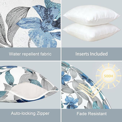 LVTXIII Outdoor/Indoor Throw Pillows, Decorative Patio Accent Pillows, Fluffy Water Repellent Garden Cushions for Home Patio Coach Sofa Use, 18×18 Inch, Pack of 2, Clemens Noir Blue