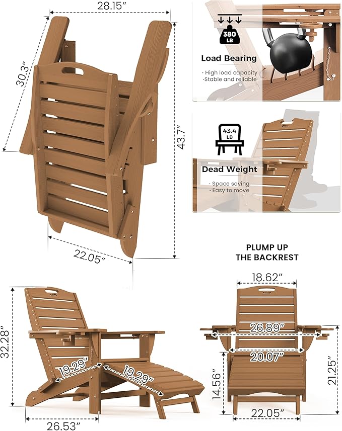 Ciokea Folding Adirondack Chair with Retractable Ottoman Fire Pit Patio Chair with Pull Out Foot Rest Weather Resistant Lawn Outdoor Lounge Chair with 2 Cup Holder (Teak)