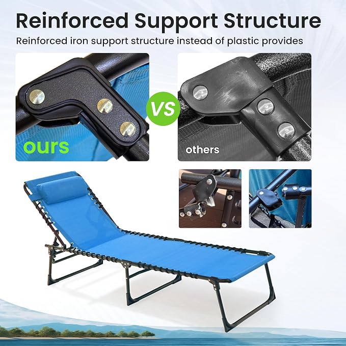 Outdoor Folding Chaise Lounge 5-Position Adjustable Recliner 400LB Heavy Duty Portable Patio Camping Beach Chair, Blue