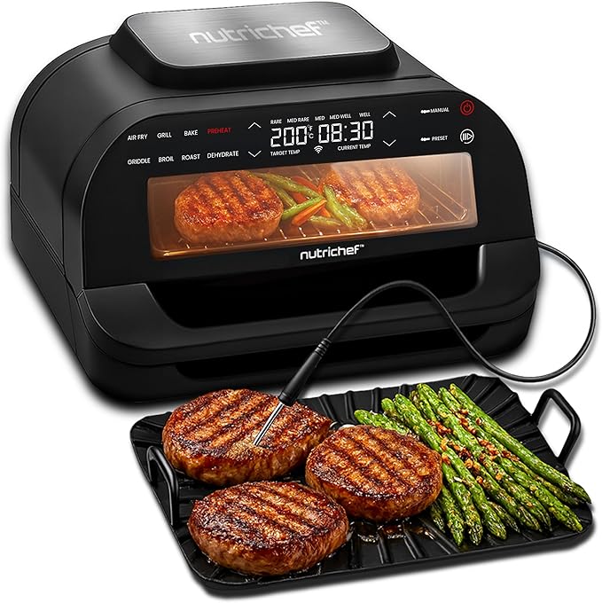 NutriChef Indoor Smokeless Grill - Smart Grill & Air Fryer with 7 Cooking Functions - 6L Capacity - Includes Smart Thermometer - Precise Temperature Control - Non-Stick Removable Grill Plates