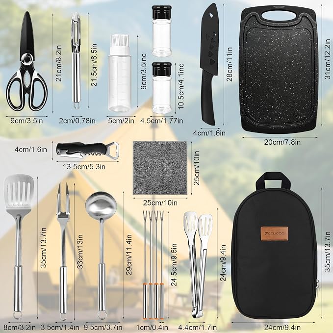 Camping Utensil Set 18 Pcs, Camping Cooking Set with Storage Bag | Lightweight & Durable Kitchen Set for Travel, Picnics, BBQ, Party, Outdoor Hiking