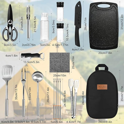 Camping Utensil Set 18 Pcs, Camping Cooking Set with Storage Bag | Lightweight & Durable Kitchen Set for Travel, Picnics, BBQ, Party, Outdoor Hiking