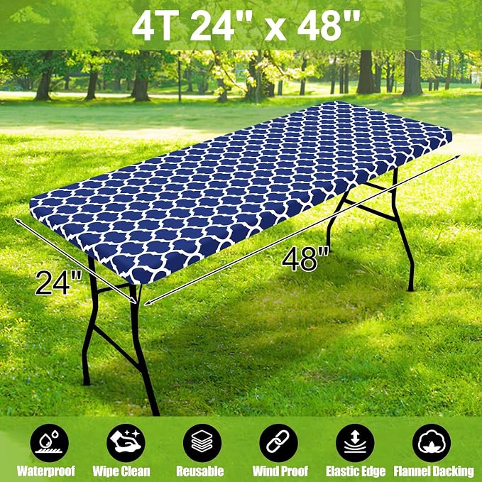 Smiry Picnic Fitted Table Cover, 4 Foot Flannel Backed Vinyl Tablecloth | Waterproof Elastic Stretch Table Cloth, Wipeable Plastic Tablecloth for Camping, Indoor & Outdoor (Navy, 24" x 48")