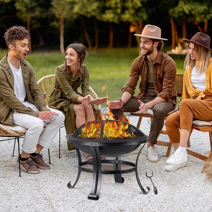 22 Inches Portable Fire Pit Outdoor Wood Burning Steel Lightweight BBQ Grill Firepit Bowl with Log Grate&Poker for Outside Patio Campfire Bonfire Backyard
