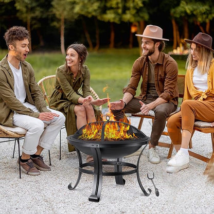 22 Inches Portable Fire Pit Outdoor Wood Burning Steel Lightweight BBQ Grill Firepit Bowl with Log Grate&Poker for Outside Patio Campfire Bonfire Backyard
